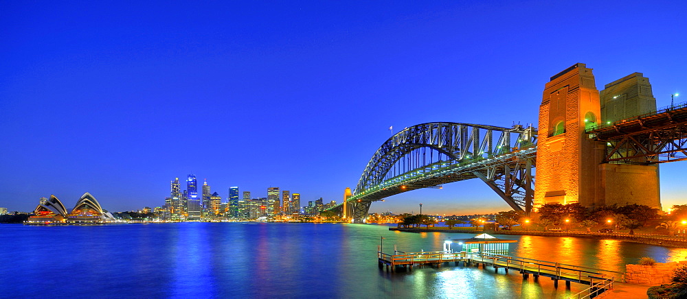 Panorama of the Sydney Opera House, Sydney Harbor Bridge, harbor, Sydney skyline, Central Business District, night, Sydney, New South Wales, Australia