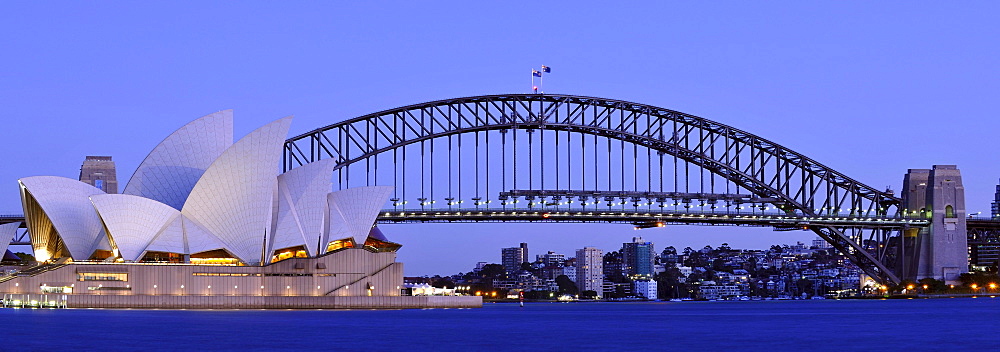 Panorama of the Sydney Opera House, Sydney Harbor Bridge, before dawn, night, Sydney, New South Wales, Australia