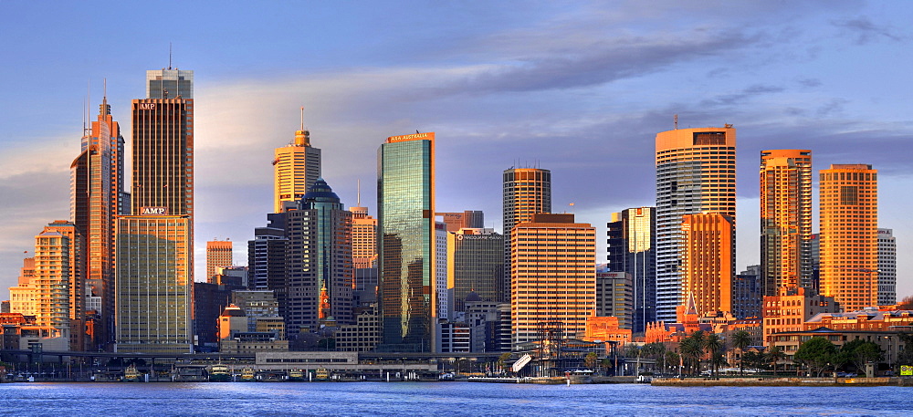 Panorama of Sydney Cove at sunrise, Circular Quay, port, Sydney skyline, Central Business District, Sydney, New South Wales, Australia