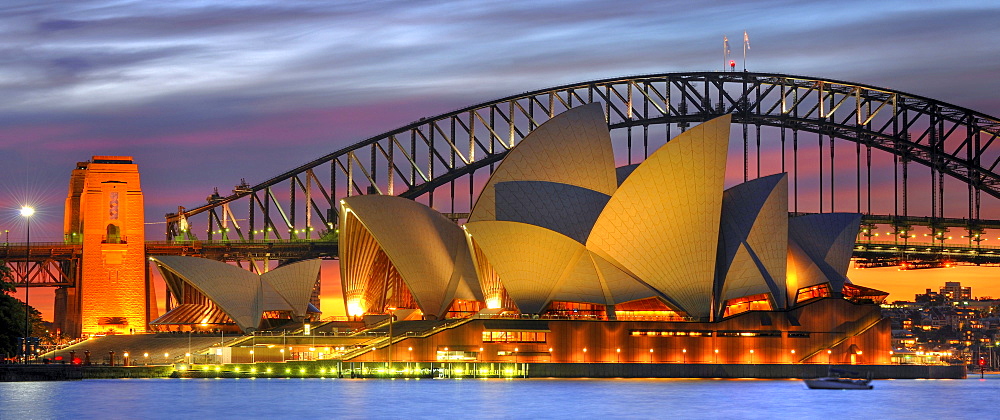 Panorama of the Sydney Opera House, Sydney Harbor Bridge, night, Sydney, New South Wales, Australia