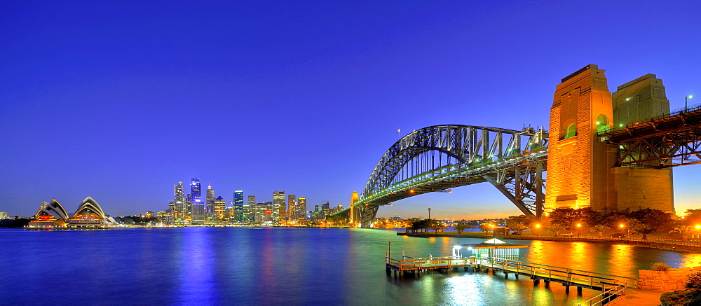 Panorama of the Sydney Opera House, Sydney Harbor Bridge, harbor, Sydney skyline, Central Business District, night, Sydney, New South Wales, Australia