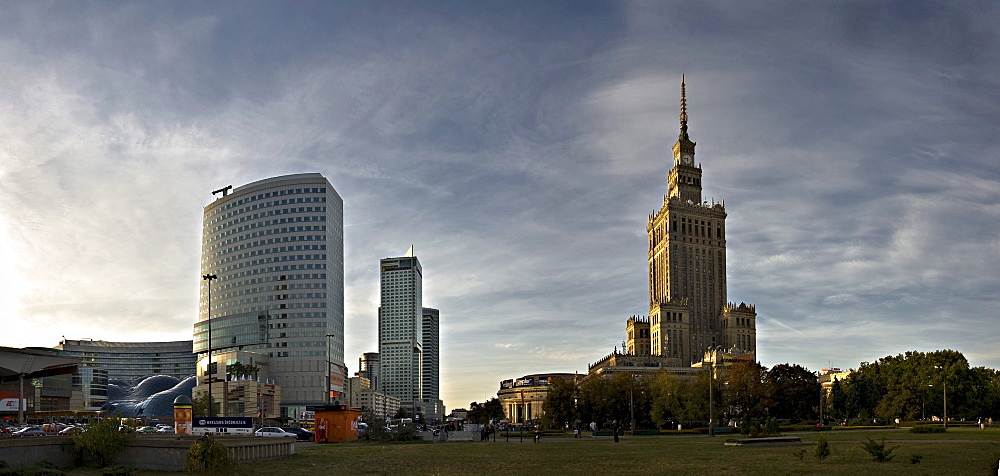 Skyscrapers and Culture Palace, Palac Kultury, in the center of Warsaw, Poland, Europe