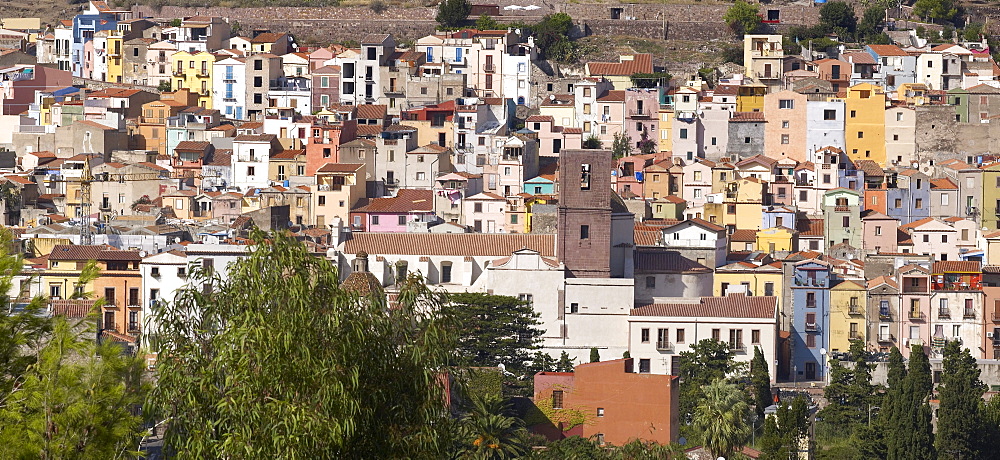 View of the Sardinian village Bosa, Oristano Province, west Sardinia, Italy, Europe