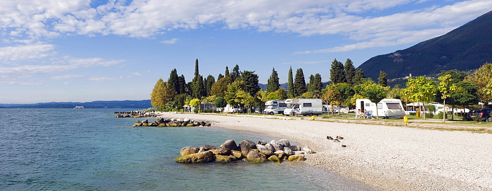 Lakeside camping site, Maderno, Lake Garda, Lago di Garda, Lombardy, Italy, Europe