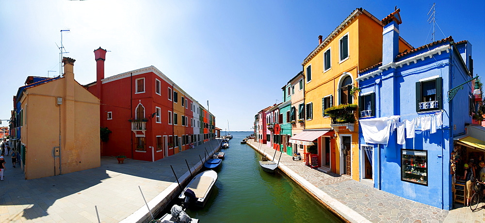 Panoramic view of the city with colorfully painted houses and canals of Burano, Venice, Italy, Europe