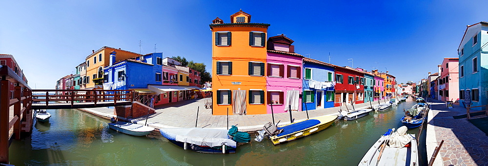 Panoramic view of the city with colorfully painted houses and canals of Burano, Venice, Italy, Europe