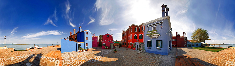 360 degree panoramic view of the city and the colorfully painted houses of Burano, Venice, Italy, Europe