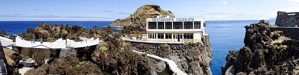 Panoramic view of the Cachalote restaurant in Porto Moniz, Madeira, Portugal, Europe