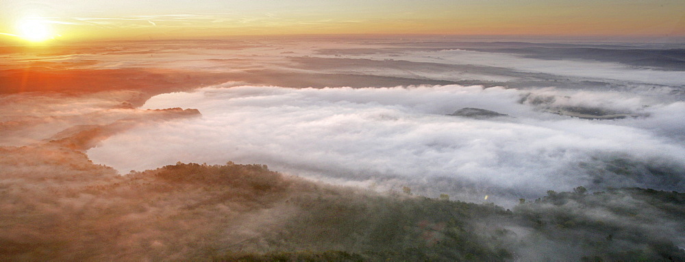 Aerial picture, layer of fog, fog, cloud of fog, autumn, Halterner Stausee Lake, Haltern, Muensterland, North Rhine-Westphalia, Germany, Europe