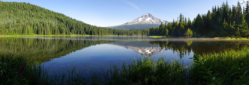 Trillium Lake reflecting Mount Hood Volcano, panorama, Cascade Range, Oregon, USA