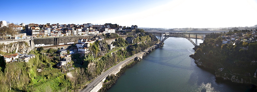 View to the old railway bridge Maria Pia Bridge, by Gustave Eiffel, River Rio Duoro, Porto, UNESCO World Heritage Site, Portugal, Europe