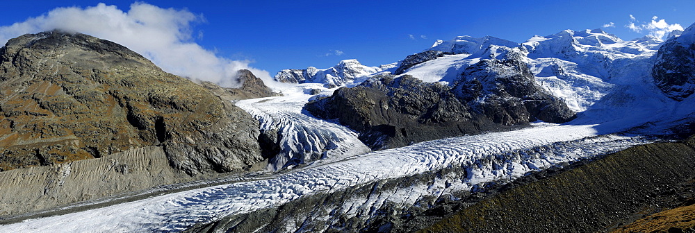 Meeting point of Pers and Morteratsch glaciers and Bernina Range, Grisons, Switzerland