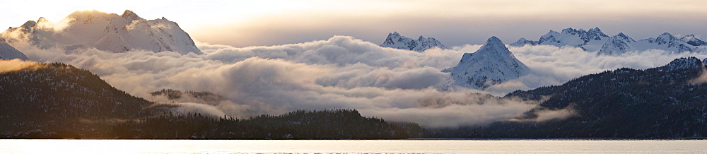 Panoramic shot, sunrise over Kachemak Bay, Kenai Peninsula, Alaska, USA