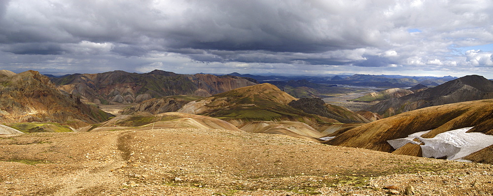 View from the hiking treck Laugavegur to the Rhyolith mountains of Landmannalaugar Fjallbak National Park Iceland