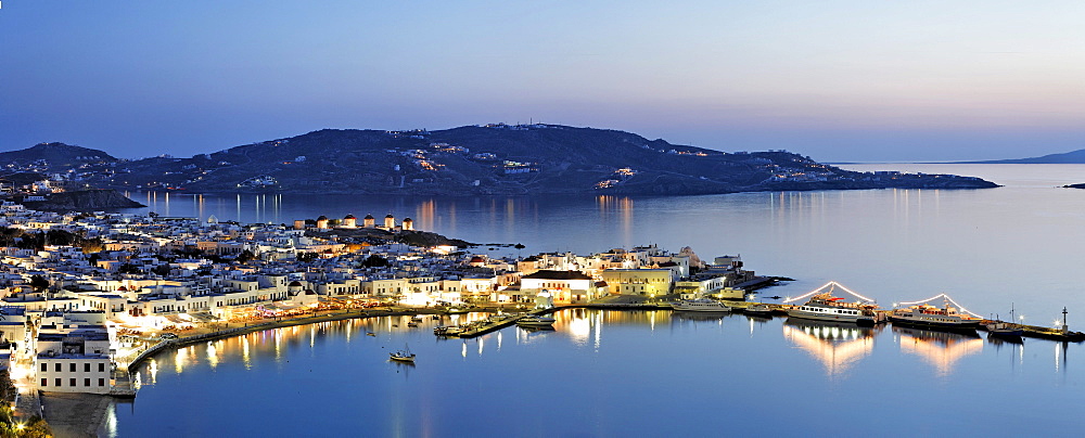 View of the old harbour and the old town of Myconos, Greece