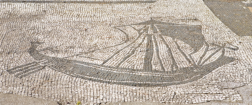 Floor mosaic at a shipping guild house, Ostia Antica archaeological site, Rome, Italy, Europe