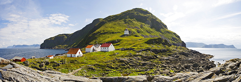 Lighthouse with farm buildings, Runde Island, Norway, Scandinavia, Europe