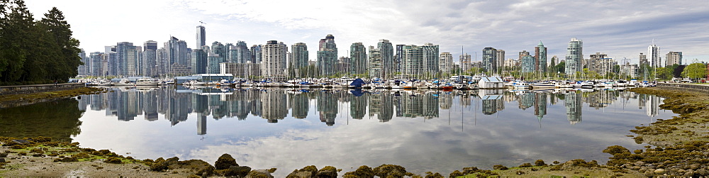 High rise buildings of Coral Harbour with Shaw Tower, Harbour Green, Callisto, Escala, and Westin Bayshore Hotel, Vancouver, British Columbia, Canada, North America