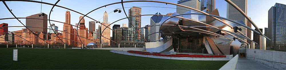 Panorama with Jay Pritzker Pavilion, Cloud Gate and the skyline of the city, Chicago Skyline, Chicago, Illinois, USA