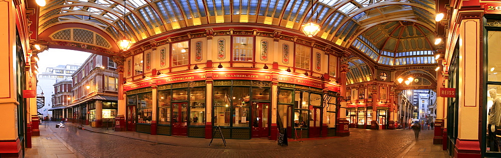 Panoramic interior view of Leadenhall Market, London, England, UK, Europe