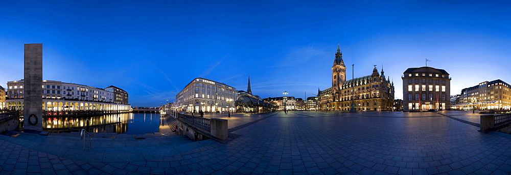 360 degree panoramic view of city hall and Jungfernstieg Street in Hamburg, Germany