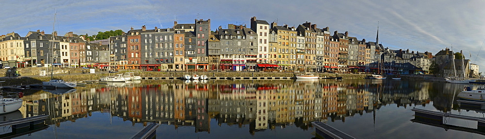 The houses at the old harbor, Vieux Bassin, of Honfleur and their reflection in the calm water, Basse-Normandie, France, Europe