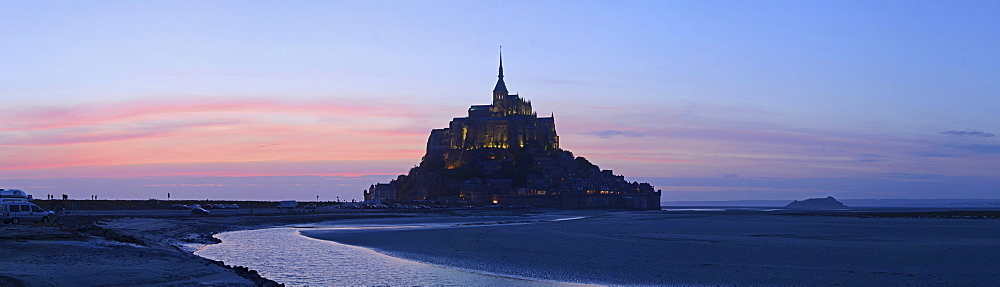 The abbey on top of the rocky island Mont-Saint-Michel seen from the south at sunset, Basse-Normandie, France, Europe