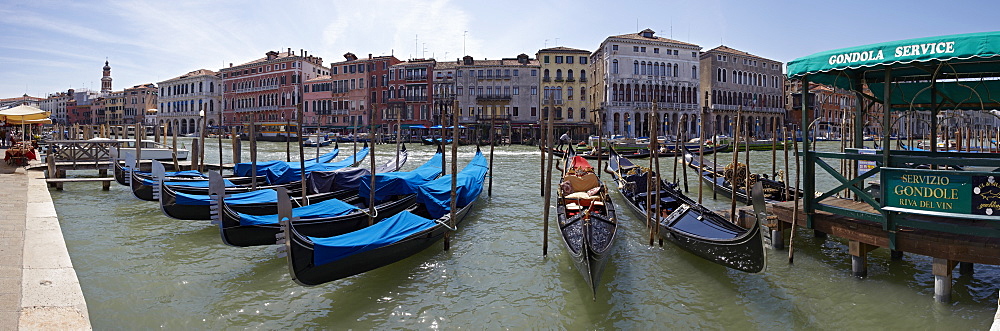 Gondolas on the Grand Canal, panoramic image, Venice, Italy, Europe