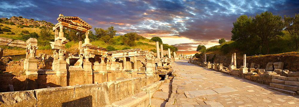 The Fountain of Emperor Trajan and Curetes Street, 102 - 114 A.D., Ephesus Archaeological Site, Anatolia, Turkey