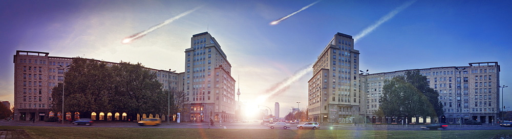 Doomsday, meteorites above the centre of Berlin, Stalin buildings, socialist housing on Strausbergerplatz square, looking towards Alexanderplatz square, Friedrichshain, Berlin, Berlin, Germany, Europe