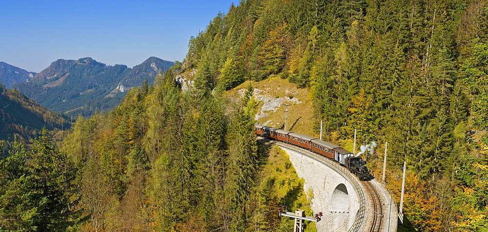 Steam train, Mariazell Railway over the Saugraben viaduct, Annaberg, Mostviertel, Lower Austria, Austria, Europe