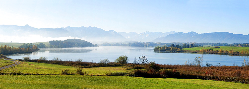 Overlooking lake Riegsee, near Aidling, Pfaffenwinkel, Upper Bavaria, Bavaria, Germany, Europe