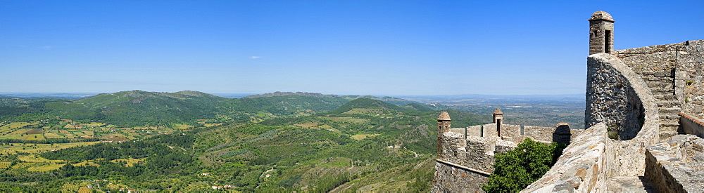 Marvao castle, watchtower and view from the ramparts over the Sierra, Alentejo, Portugal, Europe