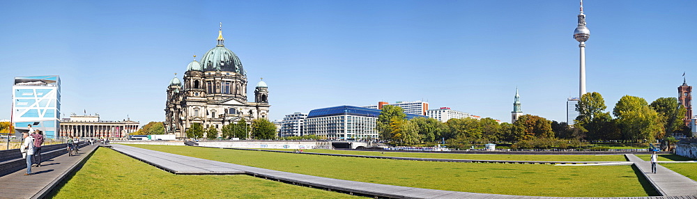 Museum Island from Schlossplatz, with Berliner Dom cathedral, Humboldt Box, Alte Nationalgalerie and Altes Museum, Berlin, Germany, Europe