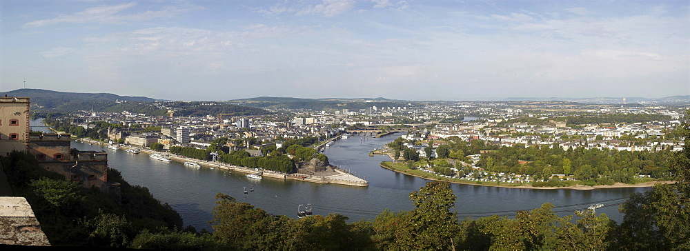 Panoramic view of the Rhine River, mouth of the Moselle River, Deutsches Eck headland, cable car of the Bundesgartenschau 2011 horticulture show, Koblenz, Rhineland-Palatinate, Germany, Europe