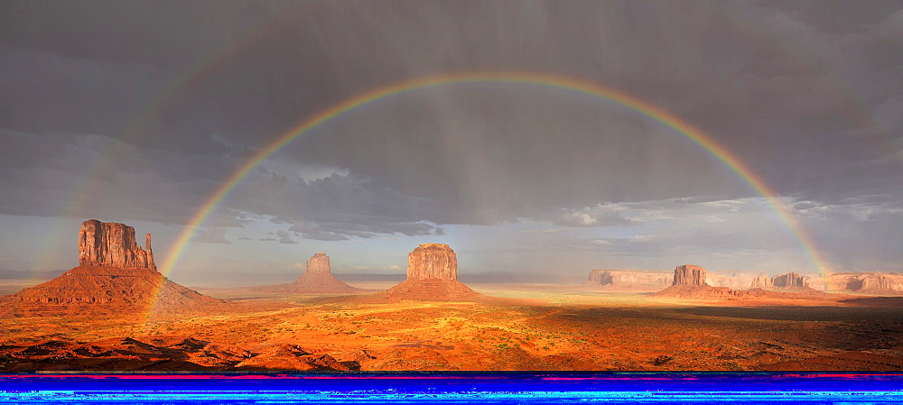 Double rainbow during a rain shower after a thunderstorm in the evening light, mesas, West Mitten Butte, East Mitten Butte, Merrick Butte, Elephant Butte, Camel Butte, Raingod Mesa, Monument Valley, Navajo Tribal Park, Navajo Nation Reservation, Arizona, 