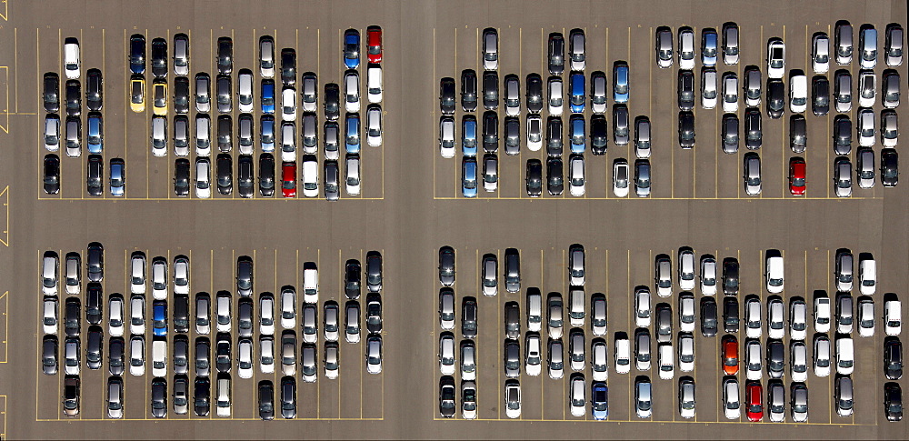 Aerial view, parking site, car import, Logport industrial park in Duisburg-Rheinhausen, Ruhr area, North Rhine-Westphalia, Germany, Europe