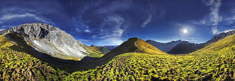 360 degree mountain panorama in the Wettersteingebirge mountains, Mt. Suedwand on the Suedwandstieg trail with view on the Wettersteinmassiv mountains in Leutasch, Tyrol, Austria, Europe