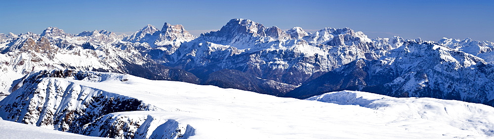 Ascent to the Uribrutto from the Passo Valles, Dolomites, in the back Mt. Monte Antelao, Mt. Civetta and Mt. Monte Pelmo, Trentino, Italy, Europe