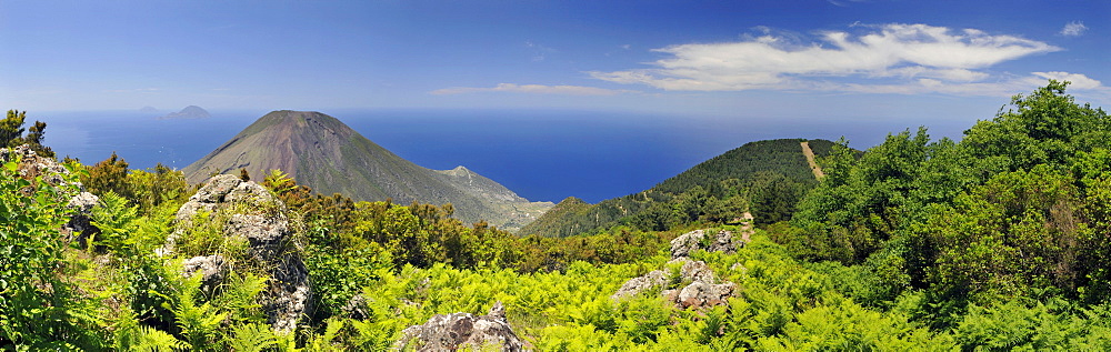 Volcano on Salina island, in the back Filicudi and Alicudi islands, Aeolian Islands, Sicily, southern Italy, Italy, Europe