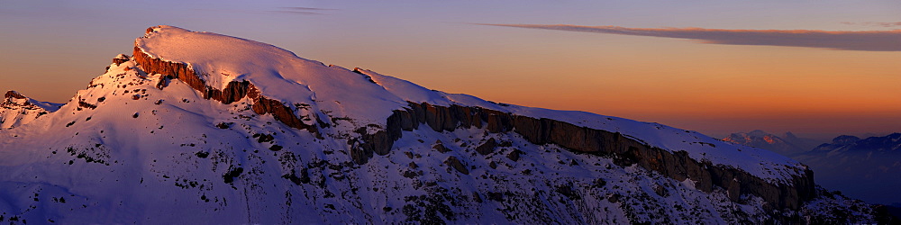 Mountain panorama at the blue hour in winter, Baad, Kleinwalsertal, Vorarlberg, Austria, Europe
