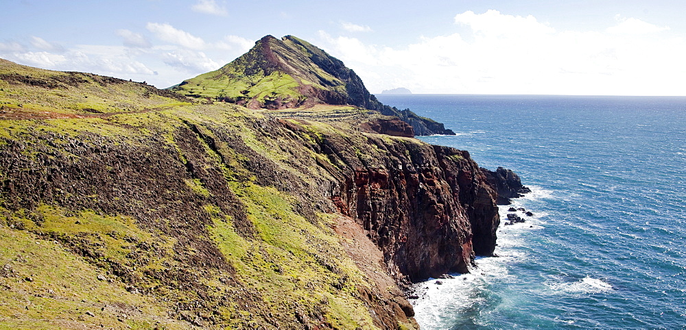 Lava rock cliffs on the Atlantic coast, peninsular and nature reserve Ponta de Sao Lourenco, in Canical, Madeira, Portugal, Europe