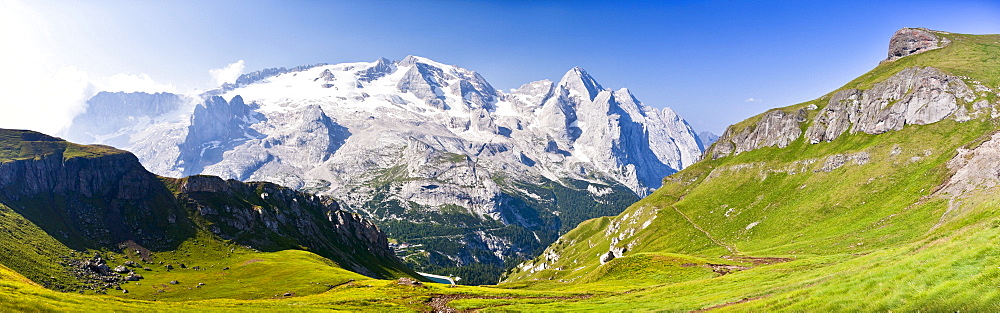 View from the via ferrata climbing route of the Tofane Mountains above the Fedaia Pass towards Gran Vernel and the Marmolada Mountains, Dolomites, Trentino, Italy, Europe