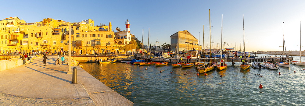 Panoramic view of Jaffa Old Town harbour at sunset, Tel Aviv, Israel, Middle East