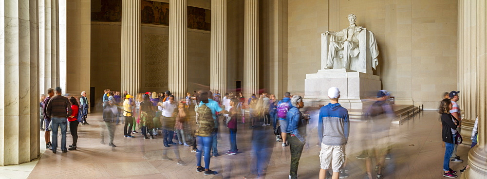 Panoramic view of visitors around the statue of Abraham Lincoln, Lincoln Memorial, Washington, D.C., United States of America, North America