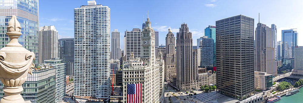 View of Wrigley Building from rooftop terrace, Downtown Chicago, Illinois, United States of America, North America