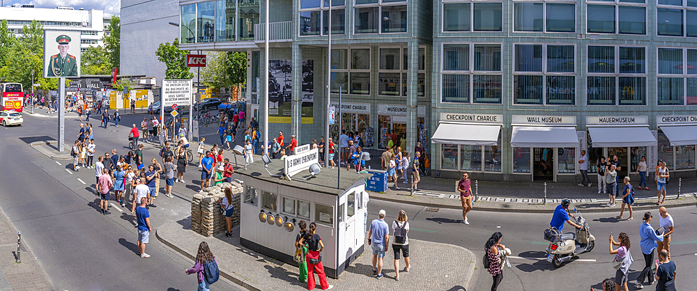 Elevated view of Checkpoint Charlie, Friedrichstrasse, Berlin, Germany, Europe