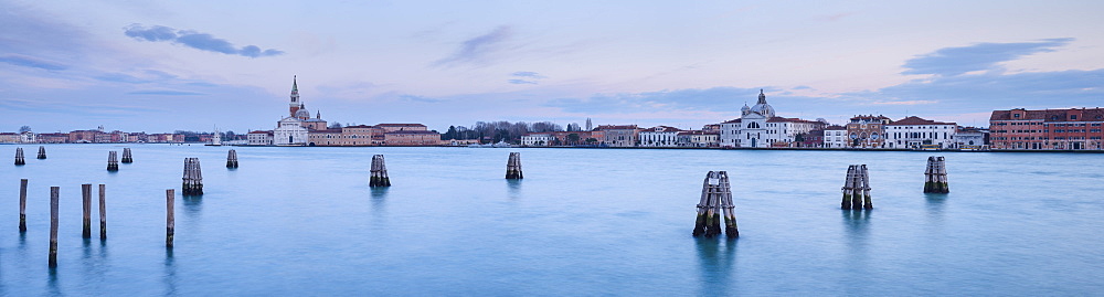 View from Zattere towards the Monastero di San Giorgio Maggiore at dusk, Venice, UNESCO World Heritage Site, Veneto, Italy, Europe