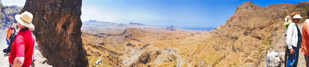 Antonio Peak,  03/04/2009. Views of the surrounding country side of Assomada, Praia on Sao Tiago Island of the Cape Verde. Volcanic landscape and road. Praia, Sao Tiago Island. Cape Verde