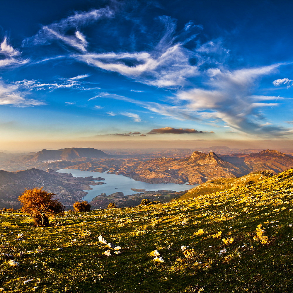 Twin peaks, Tagus Algarin and the Sima de las Grajas. by the reservoir Zahara-El Gastor, from Puerto de las Palomas, Andalucia, Spain, Europe